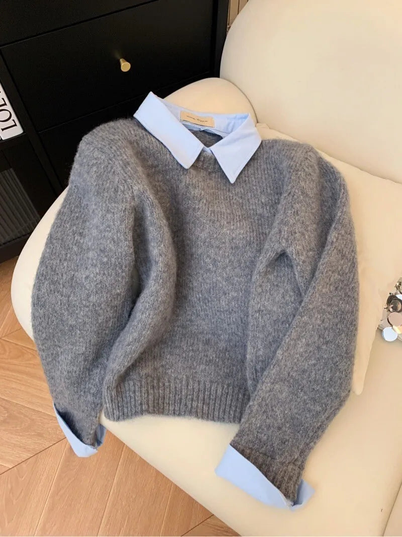 Fake Two Shirts Collar Sweater