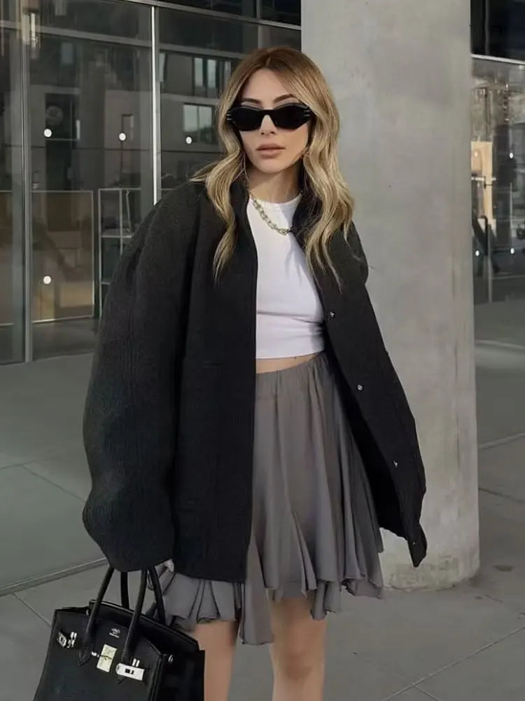 Pockets Oversized Bomber Jacket