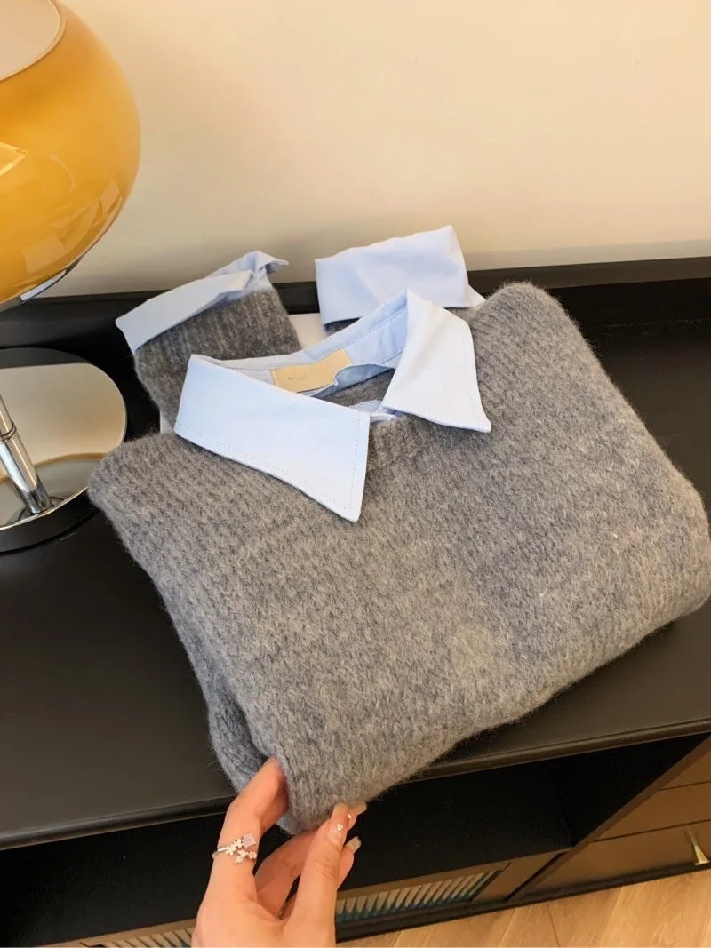 Fake Two Shirts Collar Sweater